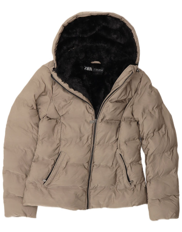 Zara Dame Hætte Sherpa polstret jakke UK 10 Small Grå Polyester