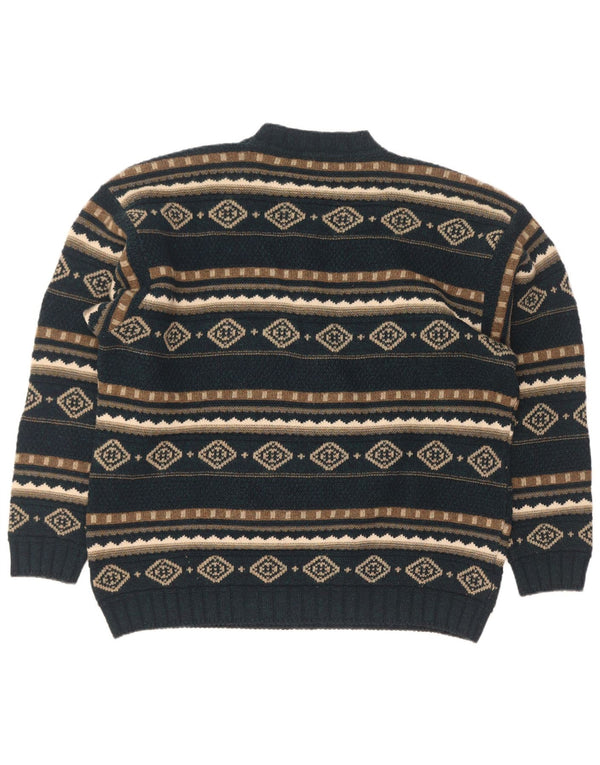 Vintage herre sweater med rund hals XL Grøn geometrisk lammeuld