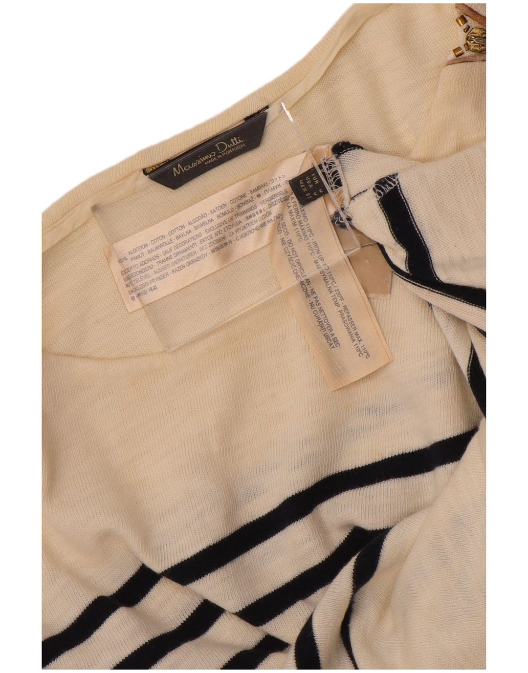 Massimo Dutti Dame Top 3/4 ærmer UK 12 Medium Off White Stribet bomuld