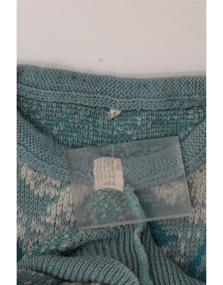 Vintage kvinders abstrakt mønster rund hals sweater UK 16 stor blå