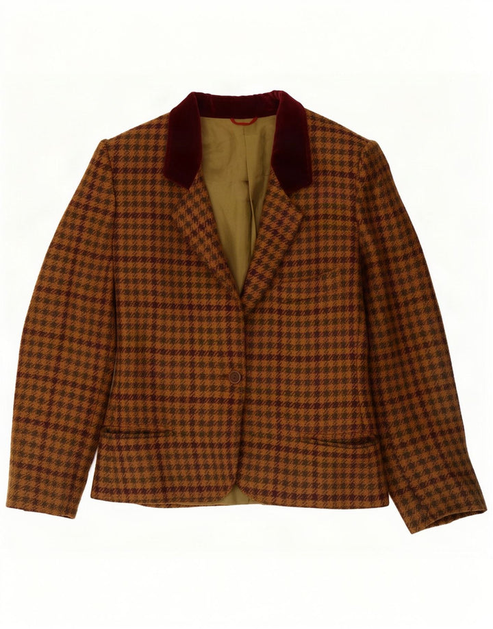 Vintage Dame 1-knap Blazer Jacket UK 14 Stor Brun Houndstooth Uld