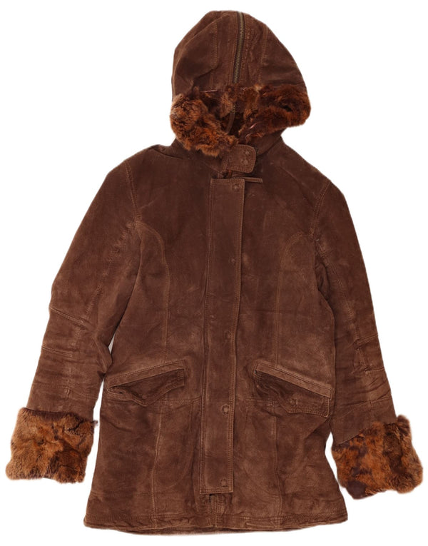 Conbipel Womens Hooded Suede Windbreaker Jacket UK 14 Medium Brown Leather