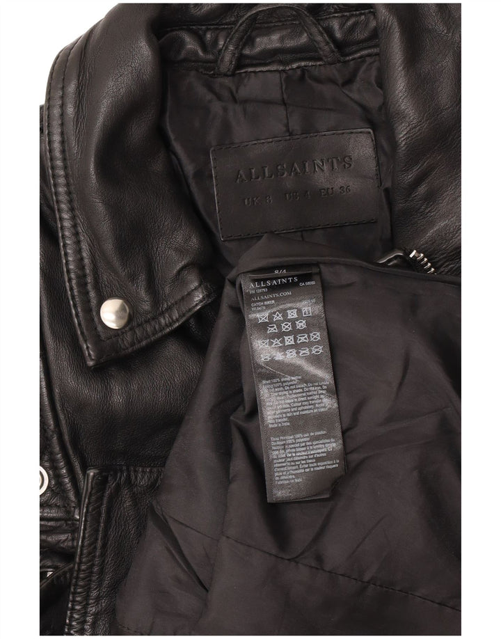 All Saints Dame Crop Læder Biker Jacket UK 8 Lille Sort