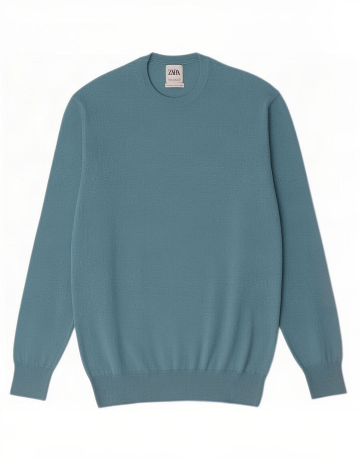 Zara Herre sweater med rund hals, mellemblå