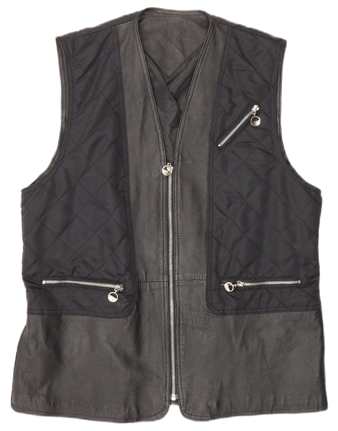 Vintage dame quiltet læder Gilet UK 12/14 Medium Navy Blue