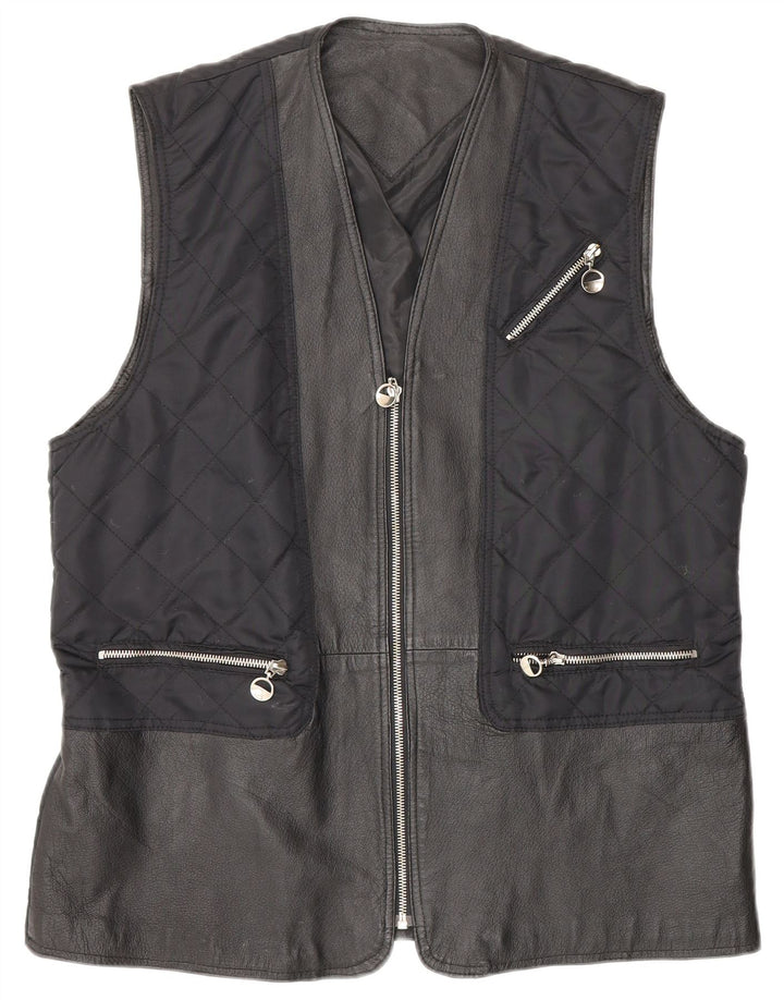 Vintage dame quiltet læder Gilet UK 12/14 Medium Navy Blue