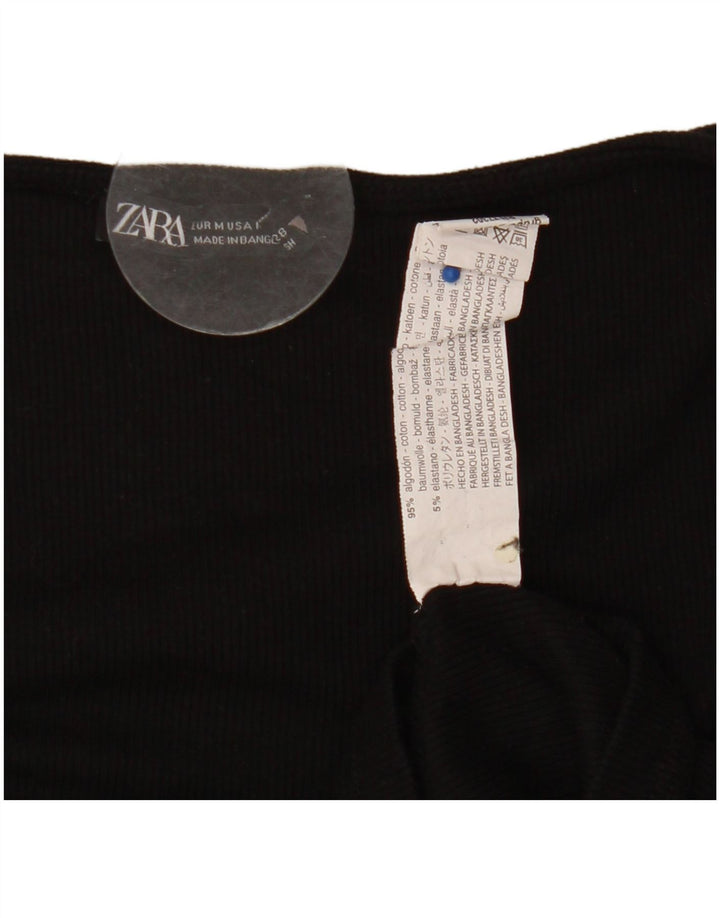 Zara Womens Crop Front Tie Top Langærmet UK 12 Medium Black Bomuld