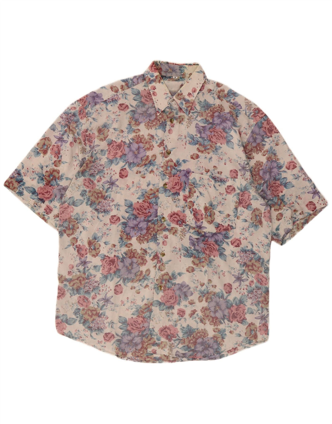 Vintage Kortærmet Herreskjorte Medium Multicolored Floral Retro
