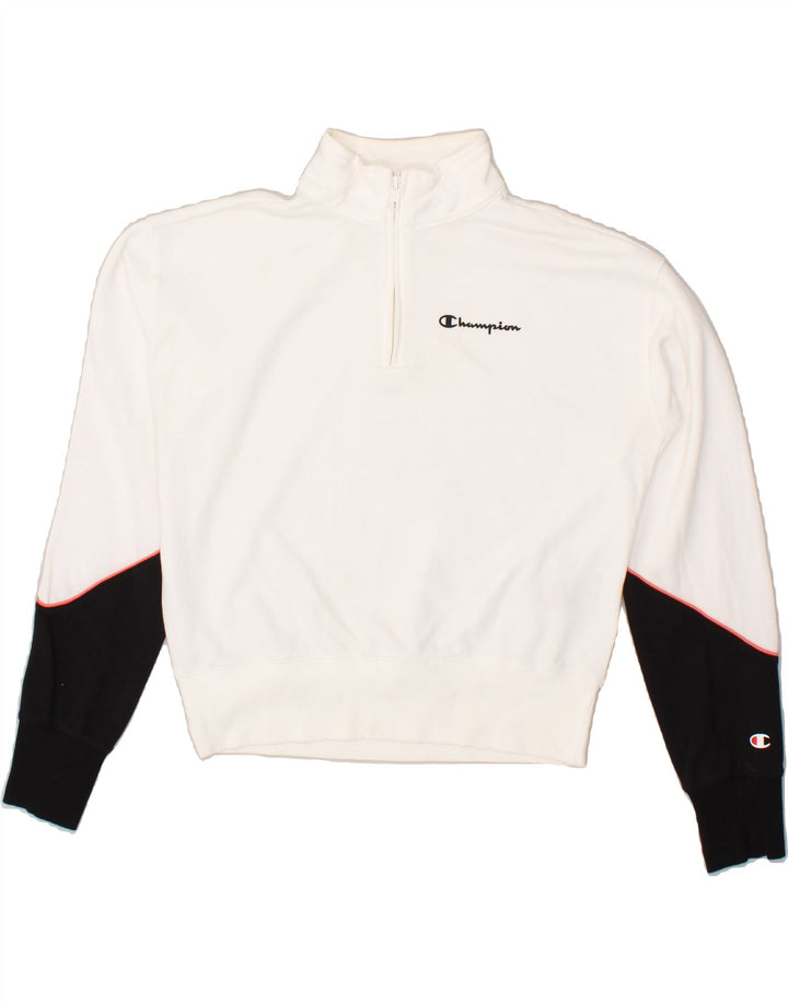 CHAMPION Womens Zip Neck Sweatshirt Jumper UK 14 Medium White Colourblock | Vintage Champion | Thrift | Second-Hand Champion | Used Clothing | Messina Hembry 