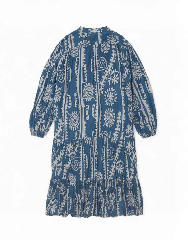 Zara Dame Langærmet Oversized Tiered Kjole UK 18 XL Blå Blomster Bomuld