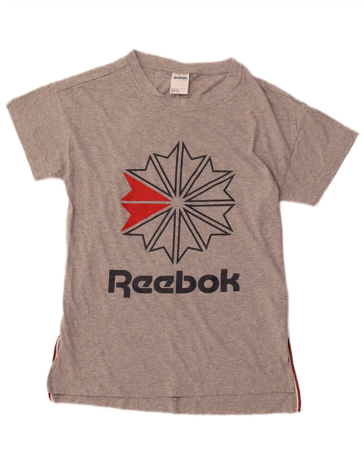 REEBOK Dame Klassisk grafisk T-shirt Top UK 12 Medium Grå Bomuld