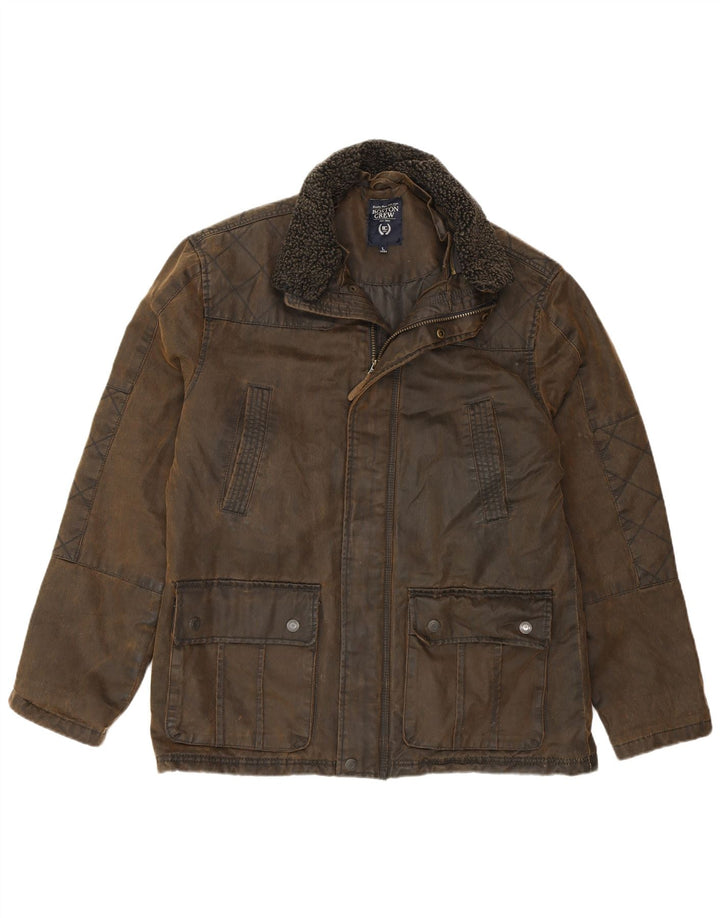 BOSTON CREW Herre vokset bomuldsjakke UK 40 Stor Khaki Bomuld