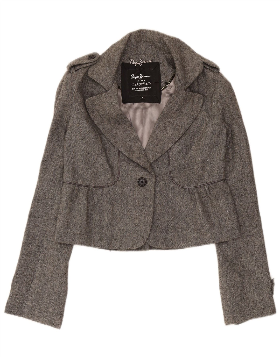 PEPE Jeans Dame Military Crop Blazer Jacket UK 12 Medium Grey Classic