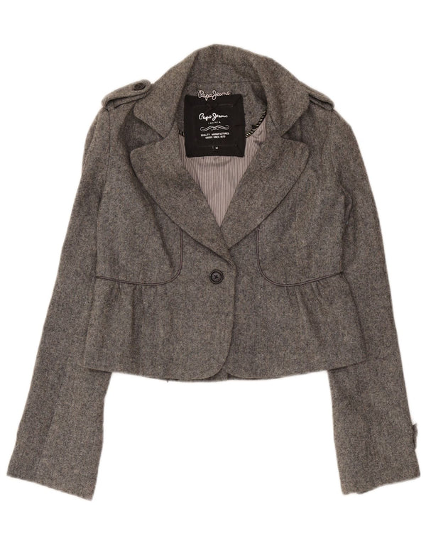 PEPE Jeans Dame Military Crop Blazer Jacket UK 12 Medium Grey Classic