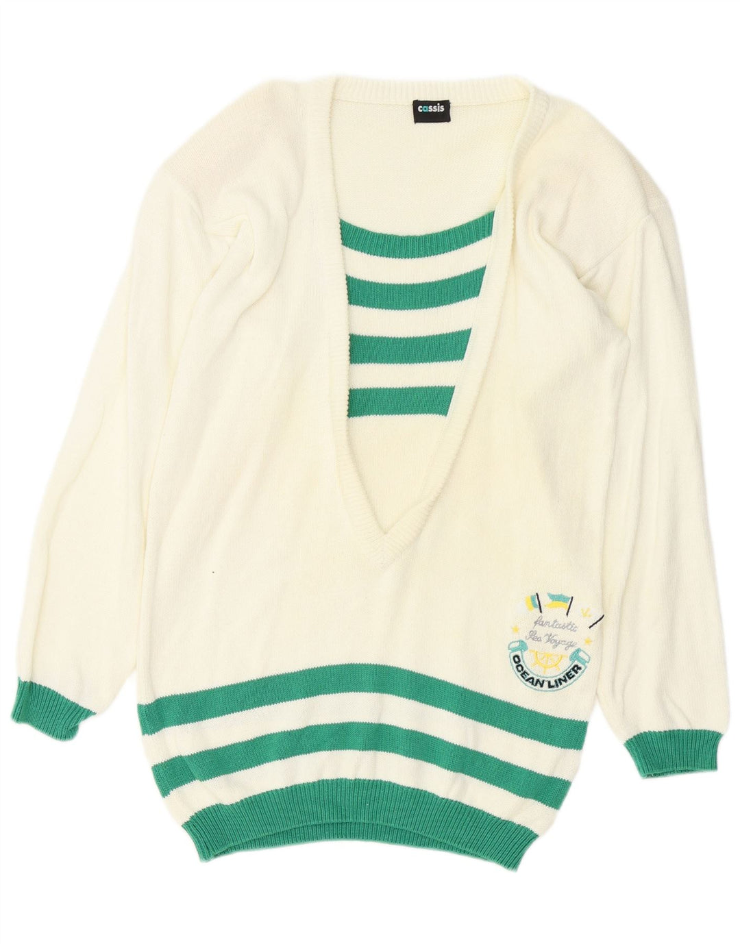 Vintage kvinders grafisk bådhals sweater EU 38 Medium hvid stribet