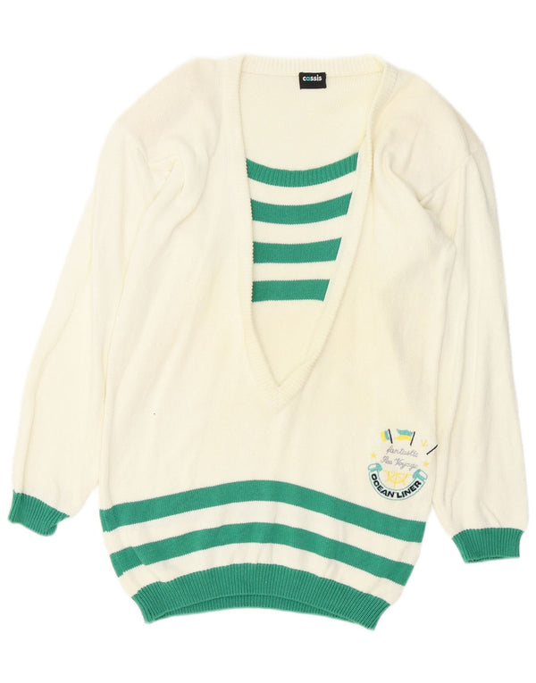 Vintage kvinders grafisk bådhals sweater EU 38 Medium hvid stribet