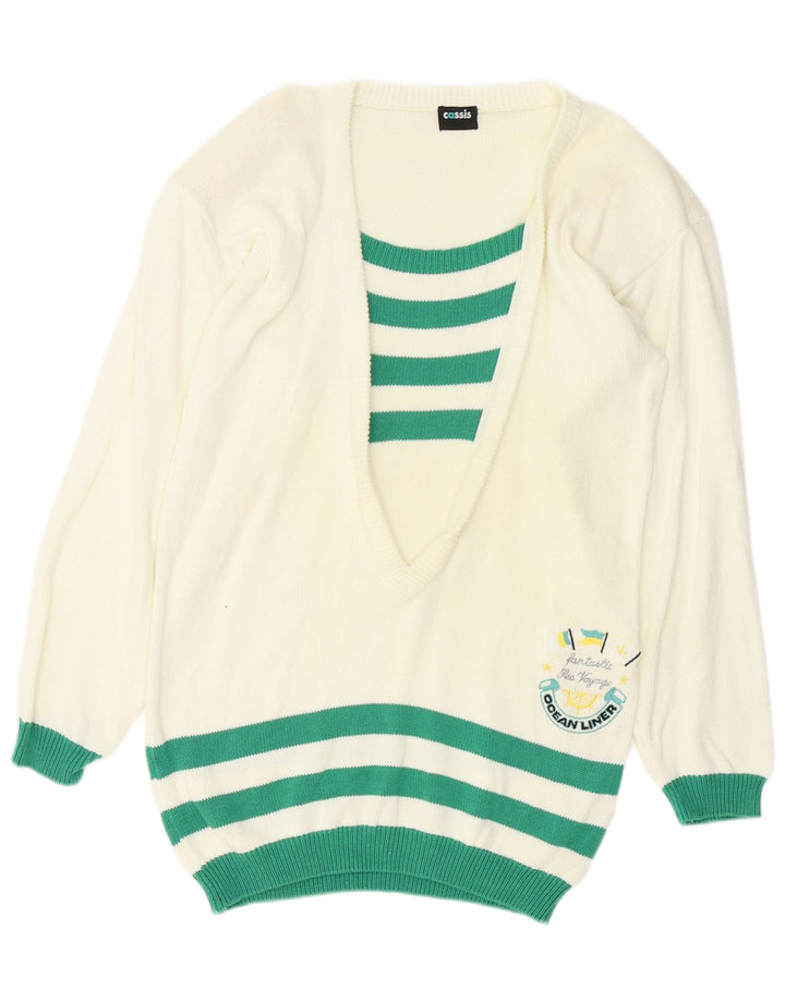 Vintage kvinders grafisk bådhals sweater EU 38 Medium hvid stribet