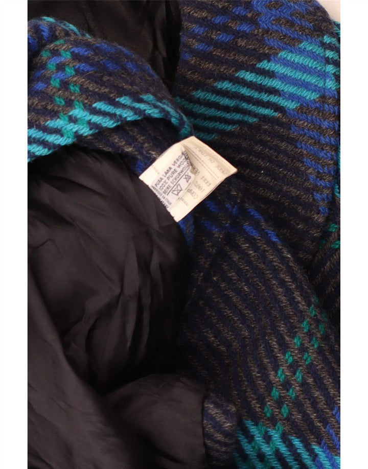 Vintage Dame Dobbeltradet Frakke UK 14 Stor Blå Plaid Virgin Wool