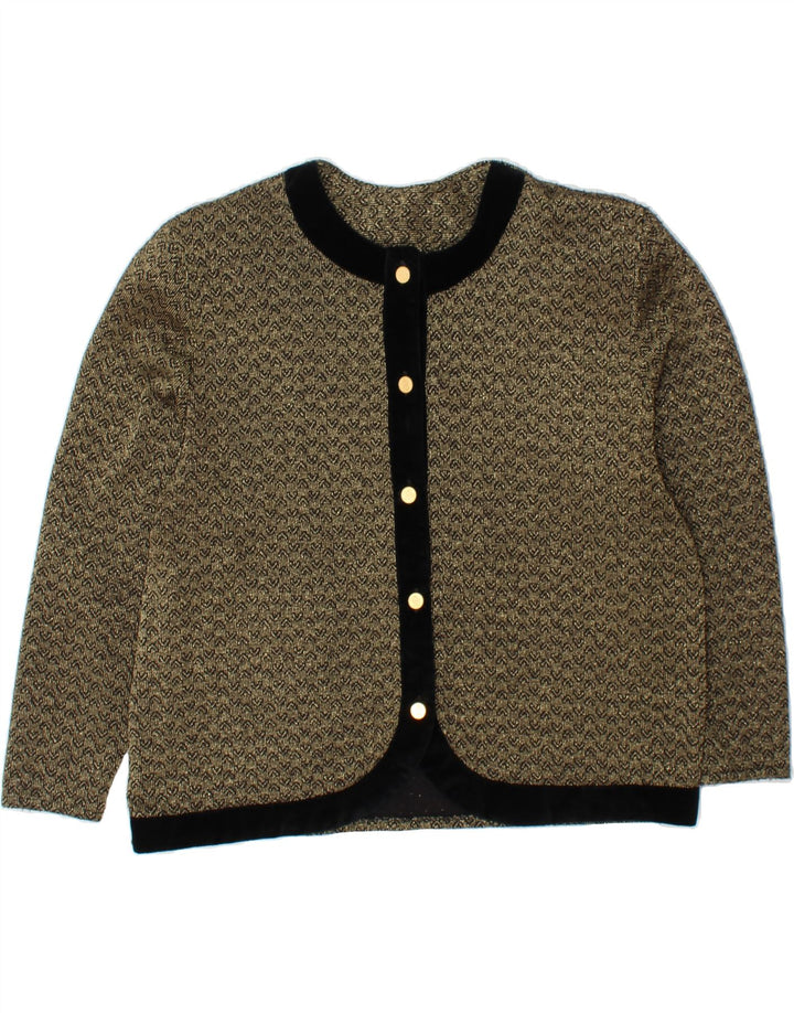 VINTAGE Womens Abstract Pattern Cardigan Sweater UK 14 Medium Gold Acrylic Vintage Vintage and Second-Hand Vintage from Messina Hembry 