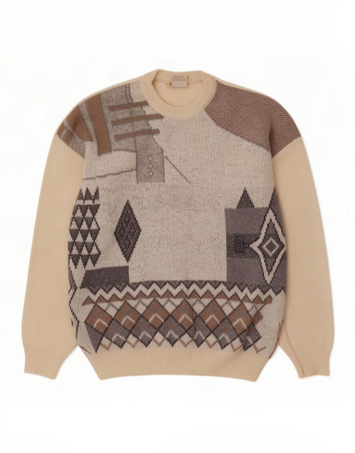 Vintage sweater med rund hals til mænd Medium Off White geometrisk uld