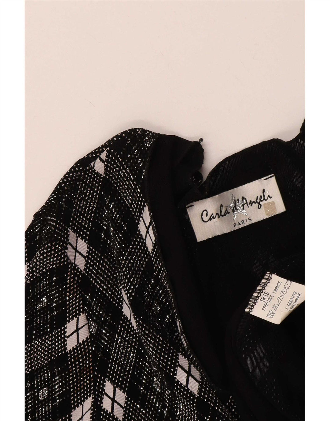 Vintage Dame Langærmet Bluse Top UK 10 Lille Grå Geometrisk Acetat