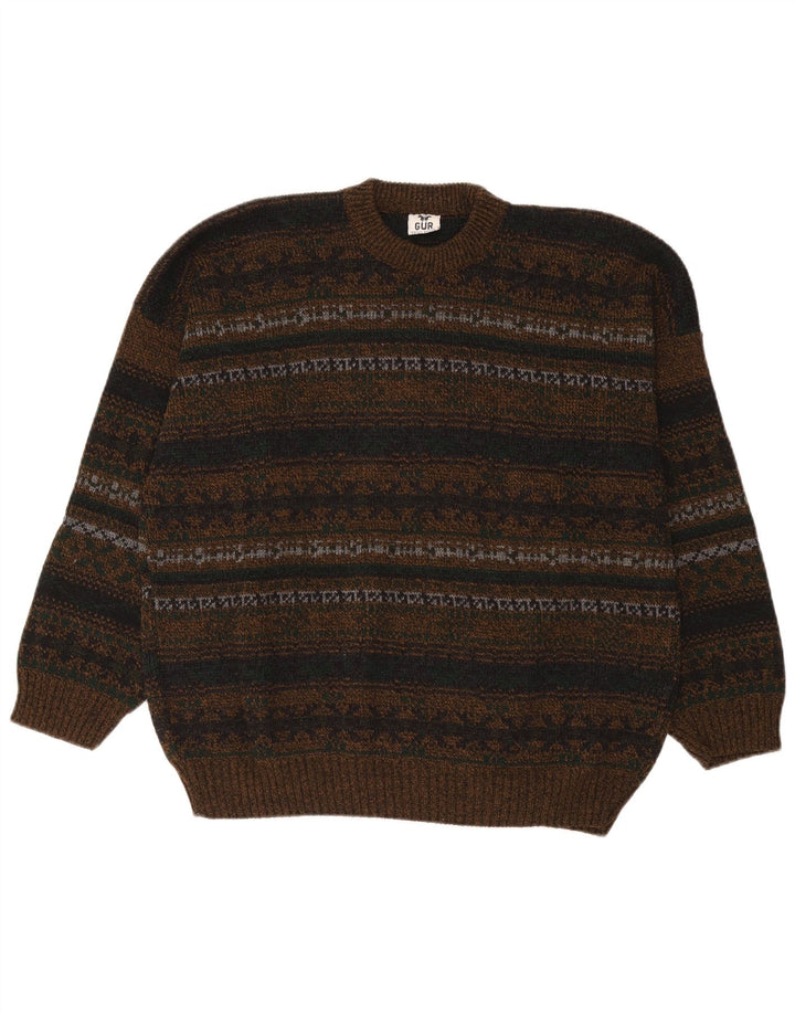 Vintage herre sweater med rund hals, stor brun Fair Isle