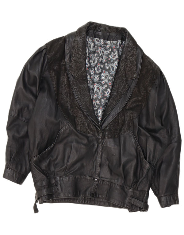 VINTAGE Dame Læderjakke UK 18 XL Sort Paisley