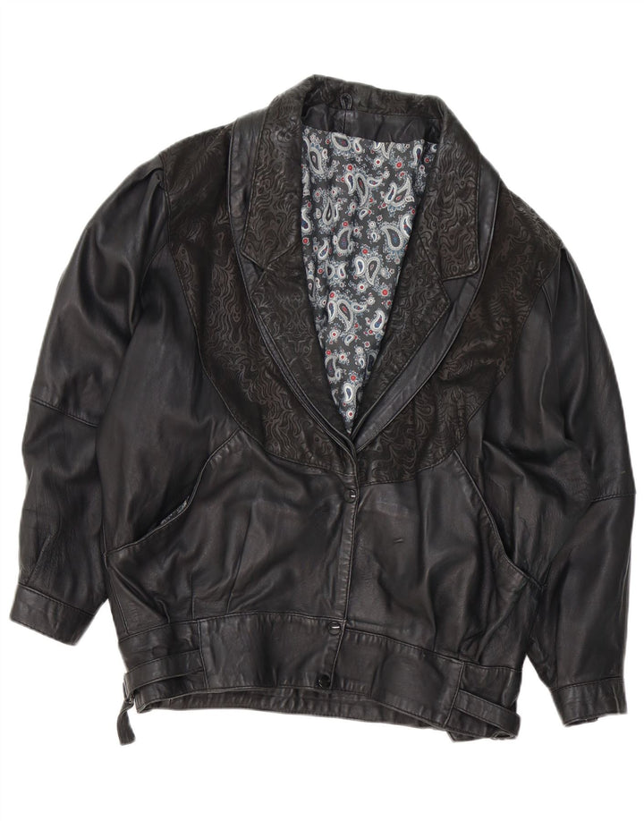 VINTAGE Dame Læderjakke UK 18 XL Sort Paisley