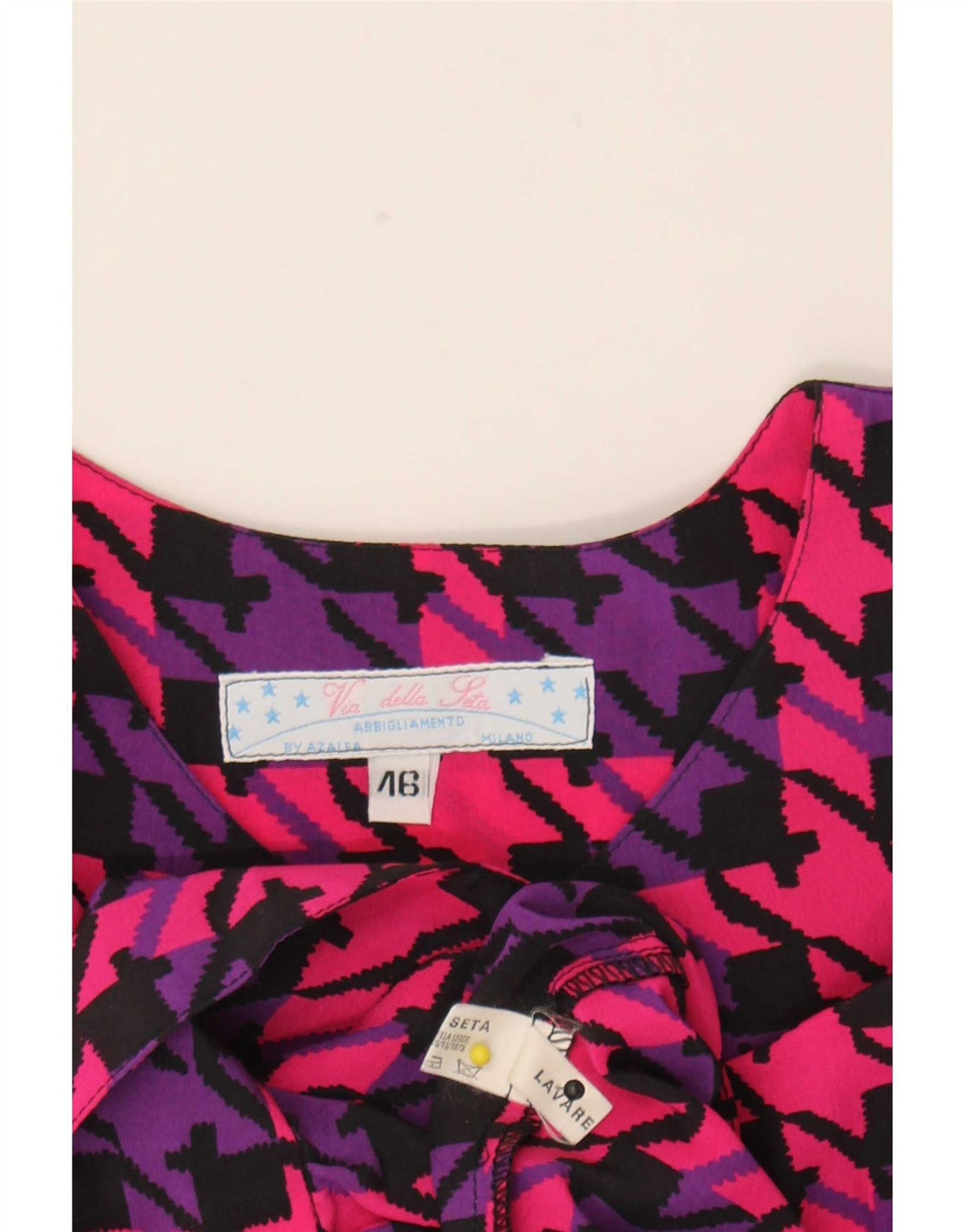 Vintage Dame Oversized Skjorte Bluse IT 46 Large Pink Houndstooth Silke