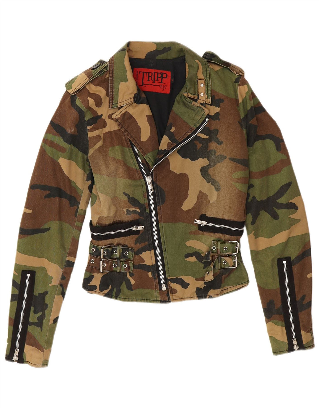 TRIPP NYC Womens Crop Military Jacket UK 10 Small Khaki Camouflage Bomuld