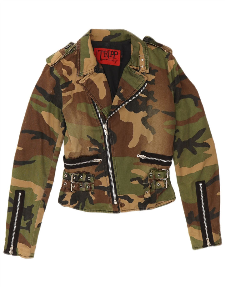 TRIPP NYC Womens Crop Military Jacket UK 10 Small Khaki Camouflage Bomuld