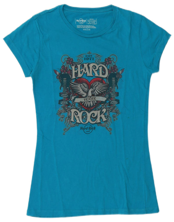 Hard Rock Cafe Dame Venedig Grafisk T-Shirt Top UK 12 Medium Blue Cotton