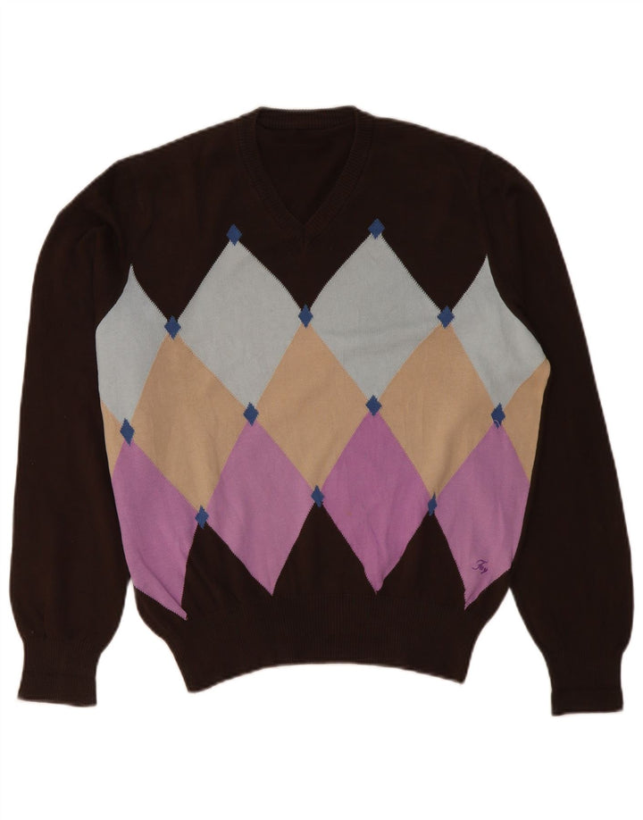 Fay Herre V-hals sweater Stor Brun Argyle/Diamant