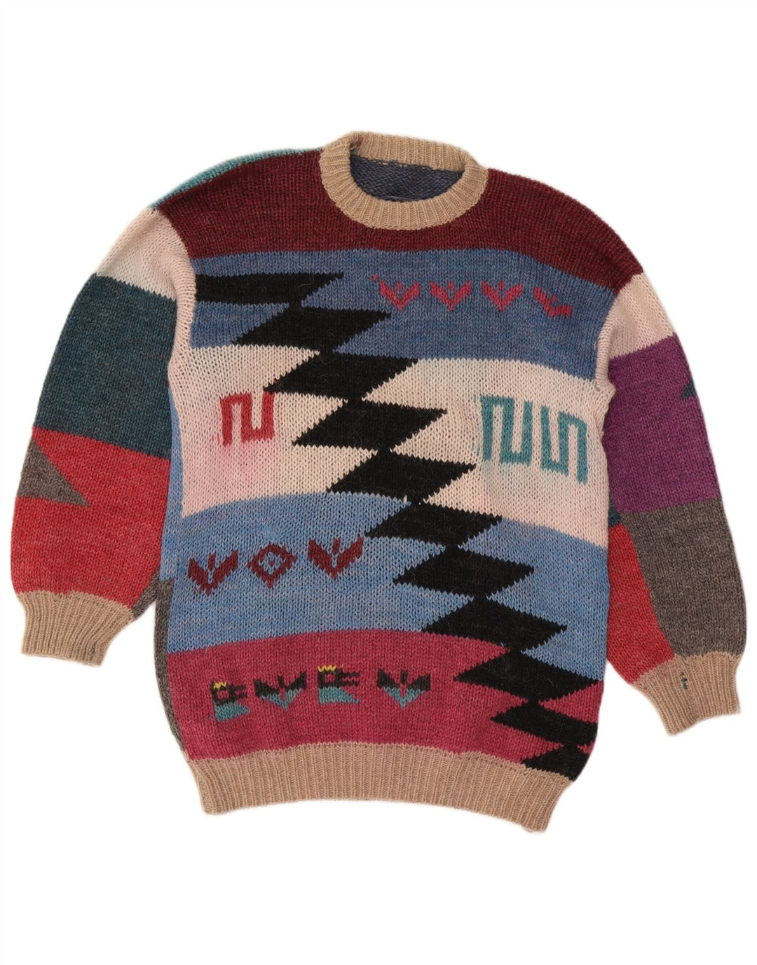 Vintage dame sweater med rund hals DK 14 medium flerfarvet