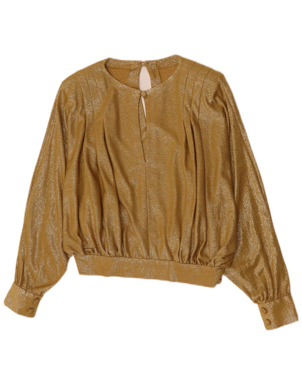 Vintage Womens Crop Langærmet Bluse Top UK 12 Medium Gold