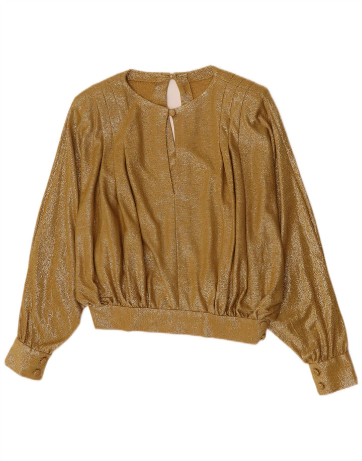 Vintage Womens Crop Langærmet Bluse Top UK 12 Medium Gold