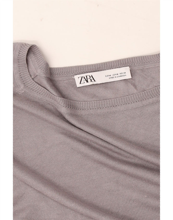 ZARA Womens Crop Oversized Boat Neck Jumper Sweater UK 14 Medium Grey