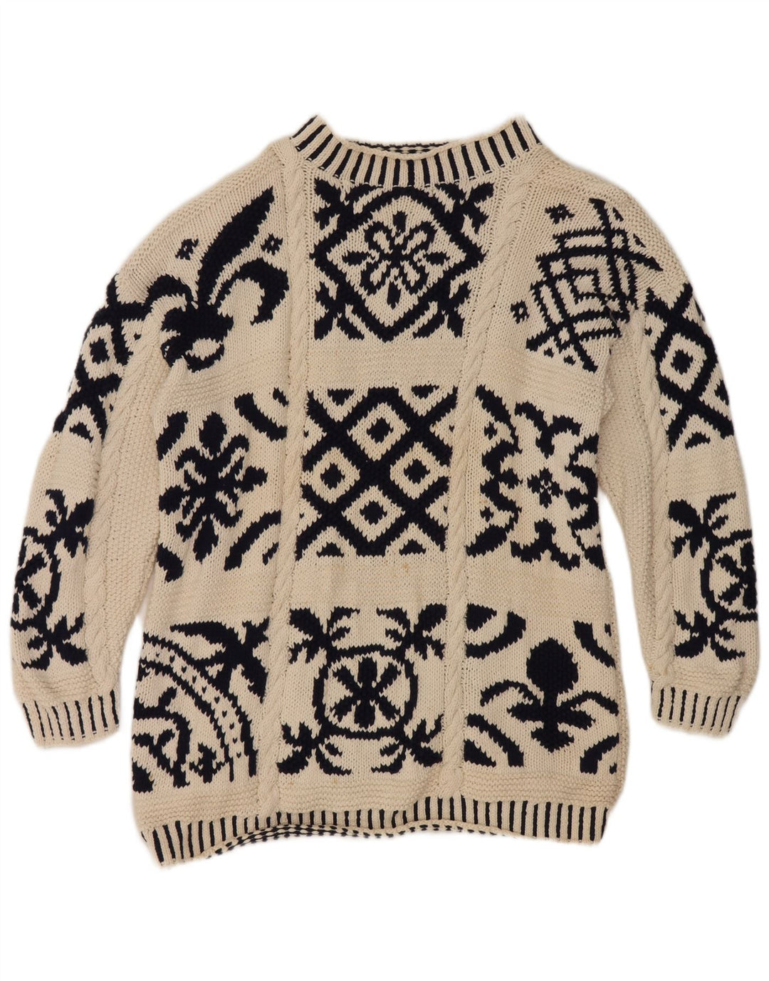 Vintage Dame Turtle Neck Jumper Sweater EU 38 Medium Off White Geometrisk