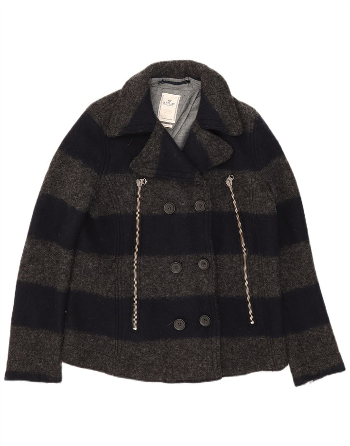 Replay Womens Pea Coat UK 18 XL Gråstribet uld