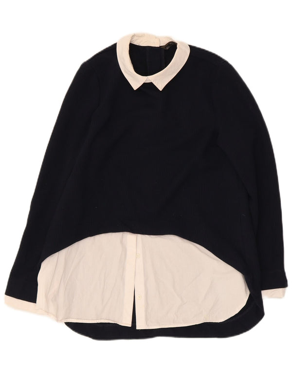 Zara Dame Langærmet Bluse Top UK 10 Small Navy Blue Colourblock