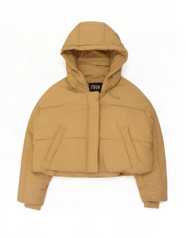Zara Dame Hætte Oversized Polstret Jakke UK 14 Medium Beige