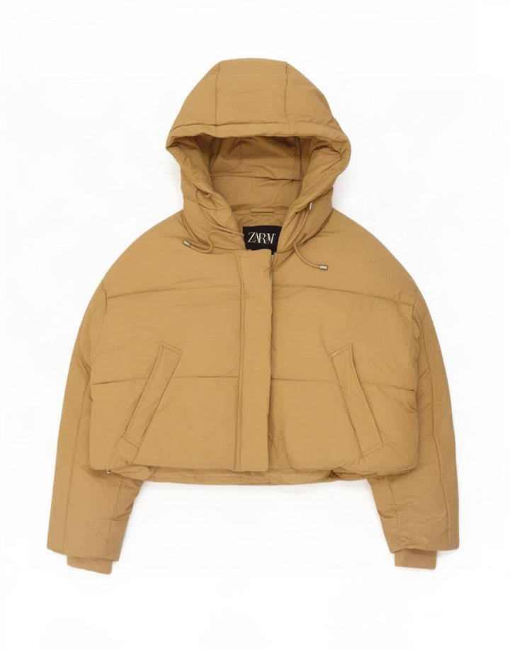 Zara Dame Hætte Oversized Polstret Jakke UK 14 Medium Beige
