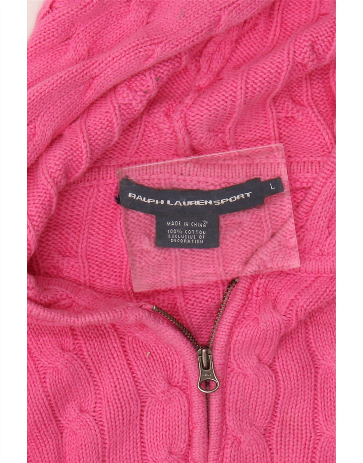 Ralph Lauren Dame Hooded Crop Cardigan Sweater UK 16 Large Pink Bomuld