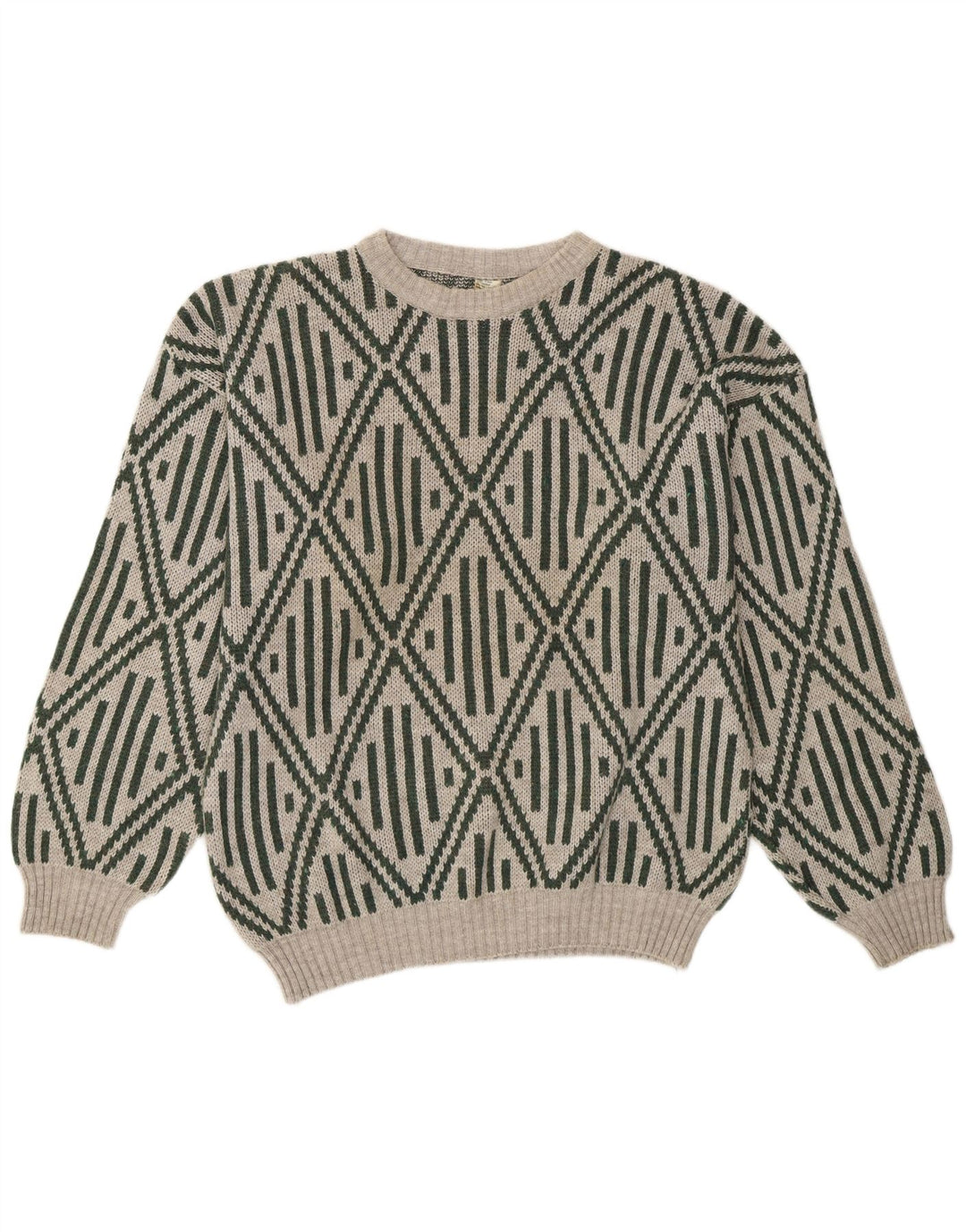 Vintage herre rund hals sweater mellemgrå geometrisk akryl