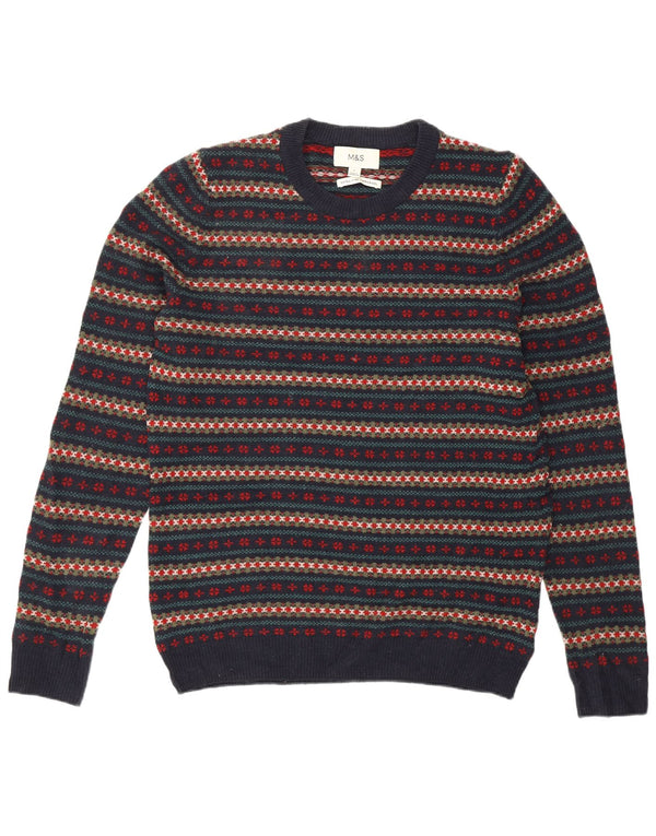 Marks & Spencer Mens Crew Neck Jumper Sweater Small Navy Blue Fair Isle