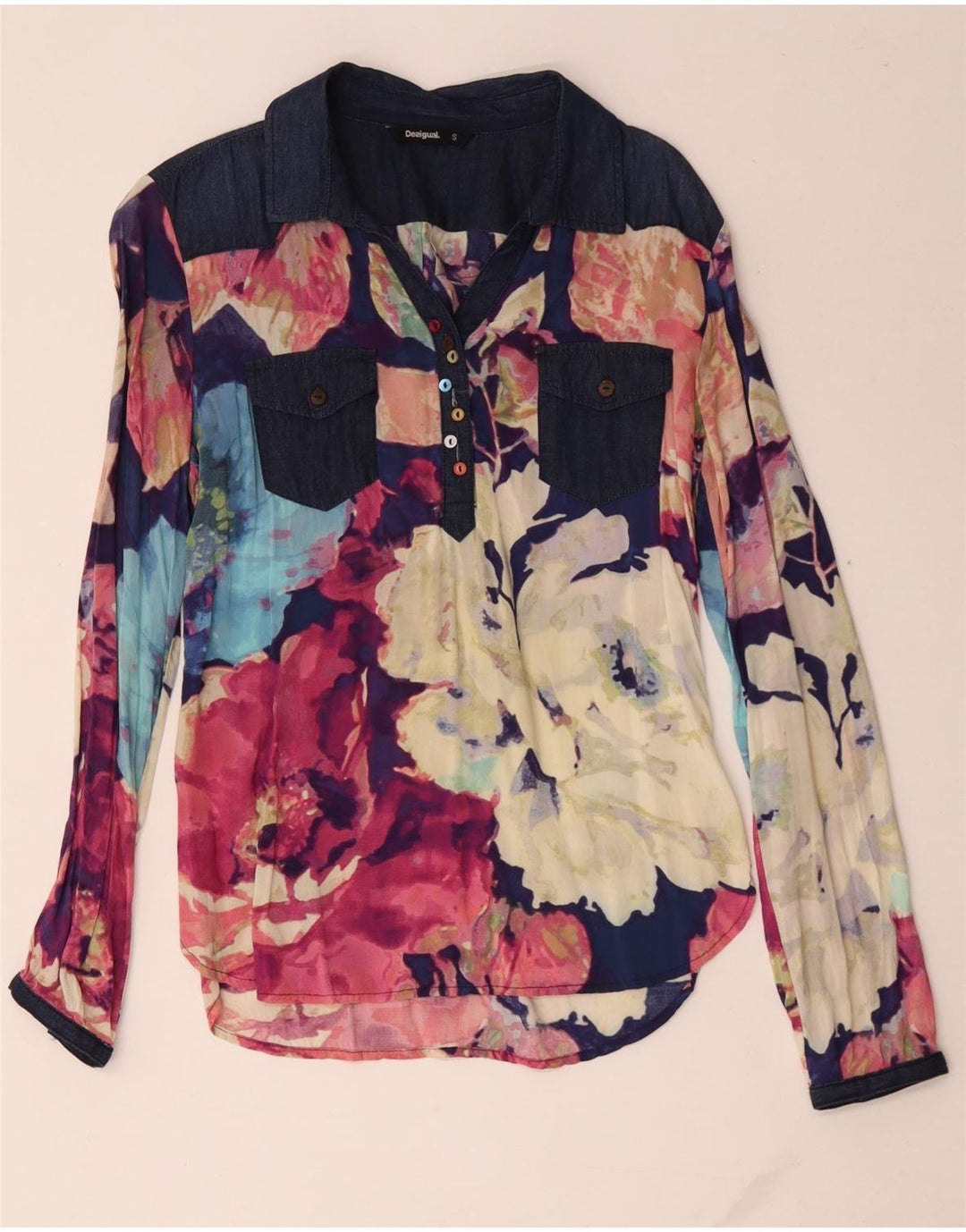 Desigual Dame Pullover Shirt Bluse UK 10 Small Multicolored Floral
