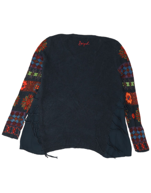 Desigual Dame Grafisk V-hals Jumper Sweater UK 18 XL Navy Blue Floral