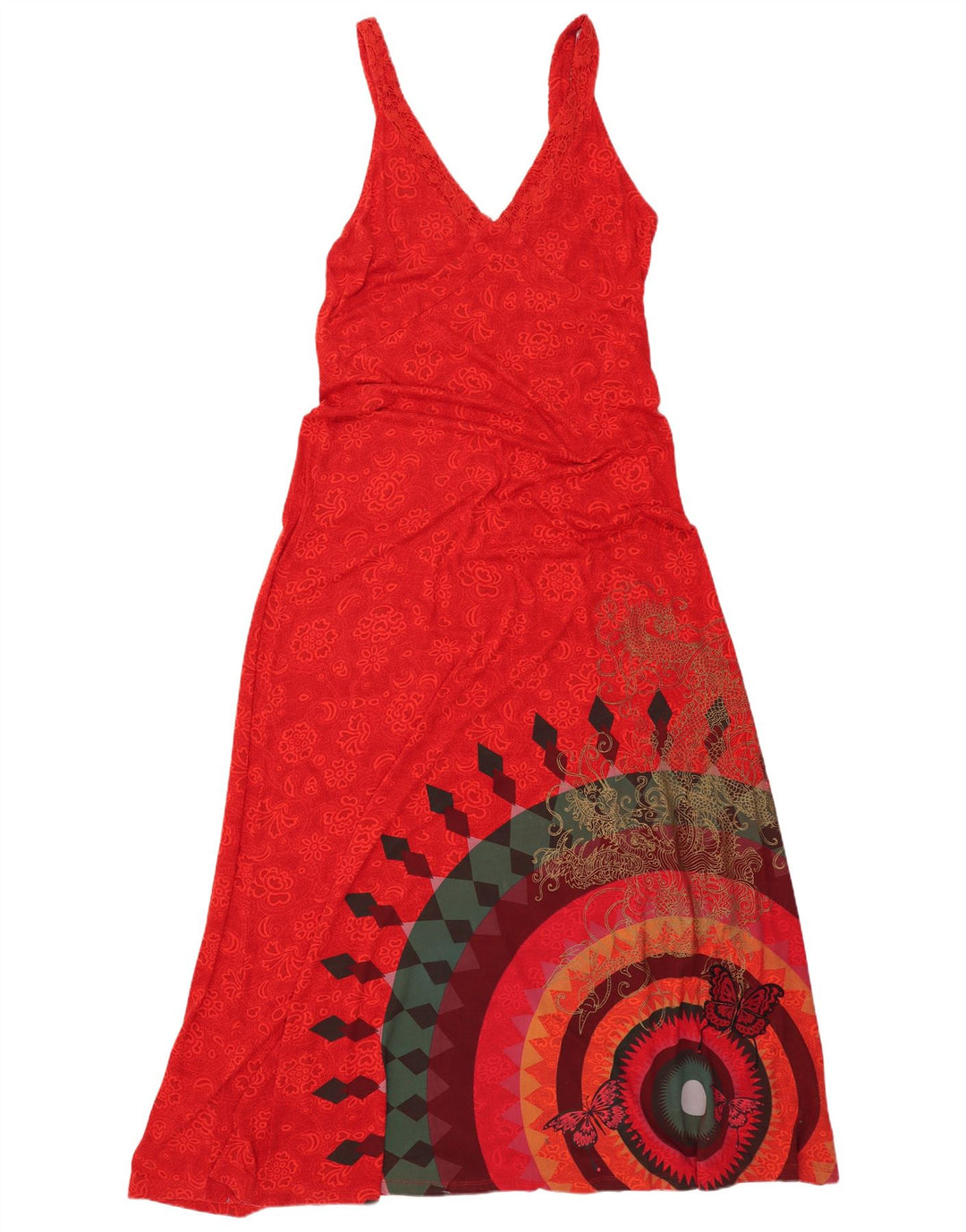 DESIGUAL Womens Graphic Sleeveless Maxi Dress UK 18 XL Red Floral Cotton