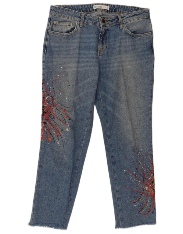 Zara grafiske cropped jeans til kvinder EU 40 Medium W30 L26 blå plettet bomuld
