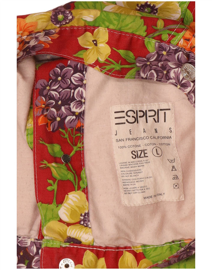 Esprit Womens Crop Denim Jacket UK 16 Large Red Floral Bomuld